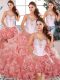 Traditional Floor Length Watermelon Red Quinceanera Gown Organza Sleeveless Beading and Ruffles