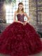 Sexy Burgundy Sweetheart Neckline Beading and Ruffles Quince Ball Gowns Sleeveless Lace Up
