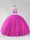 Sleeveless Tulle Floor Length Backless 15th Birthday Dress in Fuchsia with Beading