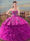 Fuchsia Sleeveless Fabric With Rolling Flowers Brush Train Lace Up Ball Gown Prom Dress for Sweet 16 and Quinceanera