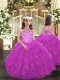 Fuchsia Ball Gowns Tulle Halter Top Sleeveless Beading and Ruffles Floor Length Lace Up Pageant Gowns For Girls