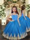 Best Baby Blue Tulle Lace Up Straps Sleeveless Floor Length Pageant Dress for Womens Embroidery