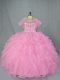 Sleeveless Organza Floor Length Lace Up Sweet 16 Dress in Baby Pink with Beading and Ruffles
