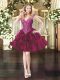 Extravagant Fuchsia Ball Gowns Organza V-neck Sleeveless Beading and Ruffles Mini Length Lace Up