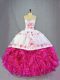 Sleeveless Beading and Embroidery and Ruffles Lace Up Quince Ball Gowns with Hot Pink Brush Train  Sleeveless Beading and Embroidery and Ruffles Lace Up Quince Ball Gowns with Hot Pink Brush Train