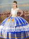 Asymmetrical Lace Up Quinceanera Gowns Blue And White for Sweet 16 and Quinceanera with Embroidery and Ruffled Layers
