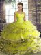 High Quality Off The Shoulder Sleeveless Quinceanera Gowns Floor Length Beading and Ruffled Layers Yellow Green Tulle