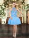 Fitting Ball Gowns Prom Evening Gown Aqua Blue Halter Top Tulle Sleeveless Mini Length Lace Up