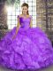 Organza Off The Shoulder Sleeveless Lace Up Beading and Ruffles Quince Ball Gowns in Lavender