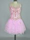 Modern Rose Pink Lace Up Spaghetti Straps Beading and Ruffles Prom Gown Tulle Sleeveless