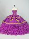 Beauteous Embroidery and Ruffles Ball Gown Prom Dress Purple Lace Up Sleeveless Brush Train