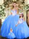 Sleeveless Floor Length Beading Lace Up Quince Ball Gowns with Blue