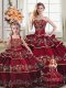 Dramatic Wine Red Lace Up Quinceanera Gown Embroidery and Ruffled Layers Sleeveless Floor Length