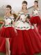 Sleeveless Organza Floor Length Lace Up Quinceanera Dresses in White And Red with Embroidery