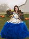Customized Sleeveless Floor Length Embroidery and Ruffles Lace Up Winning Pageant Gowns with Blue