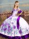 Smart White And Purple Satin Lace Up Ball Gown Prom Dress Sleeveless Floor Length Embroidery and Ruffles