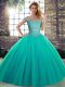 Sleeveless Floor Length Beading Lace Up Ball Gown Prom Dress with Turquoise