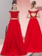 Red Off The Shoulder Backless Beading Prom Gown Sweep Train Sleeveless