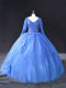 Floor Length Blue 15 Quinceanera Dress V-neck Long Sleeves Lace Up