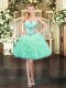 Apple Green Organza Lace Up Prom Dress Sleeveless Mini Length Beading and Ruffles