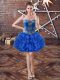 Trendy Royal Blue Organza Lace Up Prom Evening Gown Sleeveless Mini Length Embroidery and Ruffled Layers