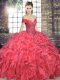 Floor Length Coral Red Sweet 16 Quinceanera Dress Organza Sleeveless Beading and Ruffles