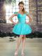 Glittering Aqua Blue Lace Up Off The Shoulder Beading and Appliques Prom Dress Tulle Sleeveless