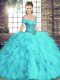 Beautiful Aqua Blue Off The Shoulder Neckline Beading and Ruffles Ball Gown Prom Dress Sleeveless Lace Up