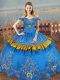Floor Length Blue Ball Gown Prom Dress Off The Shoulder Sleeveless Lace Up