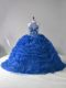 Dynamic Blue Ball Gowns Halter Top Sleeveless Organza Court Train Lace Up Beading and Pick Ups Ball Gown Prom Dress