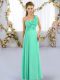 Super Turquoise Empire One Shoulder Sleeveless Chiffon Floor Length Lace Up Hand Made Flower Dama Dress