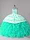 Sophisticated Lace Up Ball Gown Prom Dress Turquoise for Sweet 16 and Quinceanera with Embroidery and Ruffles Court Train