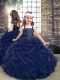 Unique Ball Gowns Pageant Dress for Womens Navy Blue Straps Tulle Sleeveless Floor Length Lace Up