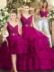 Fuchsia Three Pieces V-neck Sleeveless Organza Floor Length Backless Beading and Ruffles Quince Ball Gowns