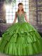 Straps Sleeveless Quinceanera Dresses Floor Length Beading and Ruffled Layers Green Taffeta