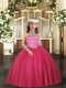 Hot Pink Lace Up Halter Top Beading Kids Formal Wear Tulle Sleeveless