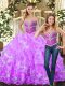 Captivating Sleeveless Floor Length Beading and Ruffles Lace Up Quince Ball Gowns with Lilac