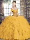 Beauteous Beading and Ruffles 15th Birthday Dress Gold Lace Up Sleeveless Floor Length