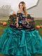 Sleeveless Organza Floor Length Lace Up Quinceanera Dress in Teal with Embroidery and Ruffles