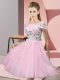 Fantastic Tulle Off The Shoulder Short Sleeves Lace Up Appliques Court Dresses for Sweet 16 in Baby Pink
