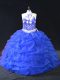 Fantastic Beading and Appliques 15th Birthday Dress Blue Backless Sleeveless Floor Length