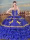 Sweetheart Sleeveless Sweet 16 Dress Brush Train Embroidery and Ruffled Layers Blue Organza