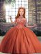 Rust Red Tulle Lace Up High-neck Sleeveless Floor Length Kids Formal Wear Beading