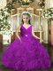 Purple V-neck Neckline Beading and Ruching Kids Formal Wear Sleeveless Backless