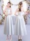 Pretty Silver Empire Scoop Sleeveless Satin Tea Length Lace Up Appliques Quinceanera Dama Dress