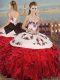 Floor Length Lace Up Sweet 16 Dress White And Red for Military Ball and Sweet 16 and Quinceanera with Embroidery and Ruffles and Bowknot