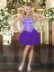 Purple Halter Top Lace Up Beading Prom Dresses Sleeveless