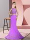 Lavender Satin Zipper High-neck Sleeveless Evening Dress Sweep Train Beading and Appliques