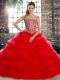 High Quality Red Lace Up Off The Shoulder Beading and Pick Ups Quinceanera Dress Tulle Sleeveless Brush Train