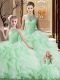 Super Organza Halter Top Sleeveless Brush Train Lace Up Beading and Ruffles Sweet 16 Dress in Apple Green